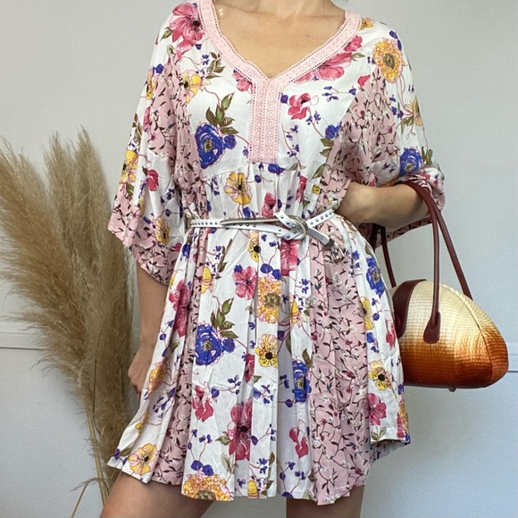 NWT Boho Mixed Floral Print Babydoll  Lace Mini Dress Patch Ivory Blush Summer - Picture 5 of 16
